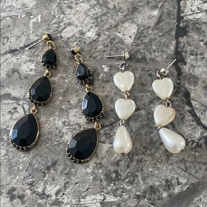 Elegant Black and White Earrings with Teardrop and Heart Design